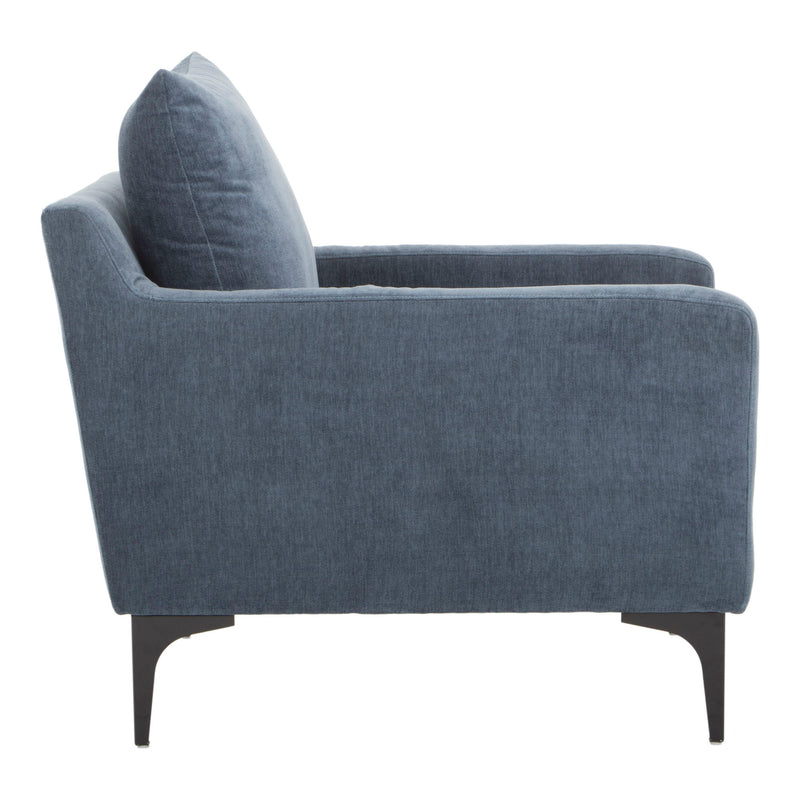 Blue fabric armchair, tall back cushion, and tapered dark legs