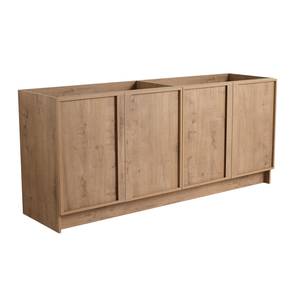 Freestanding bathroom vanity cabinet with four panel doors and open interior compartment