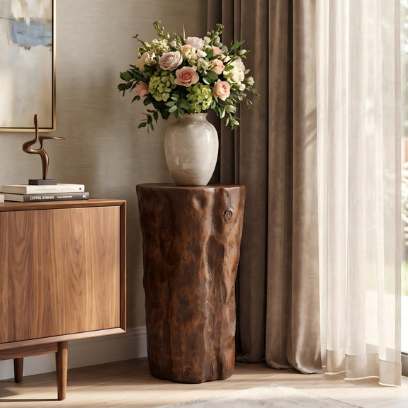 Textured antique brown wood stump side table with round top, freestanding