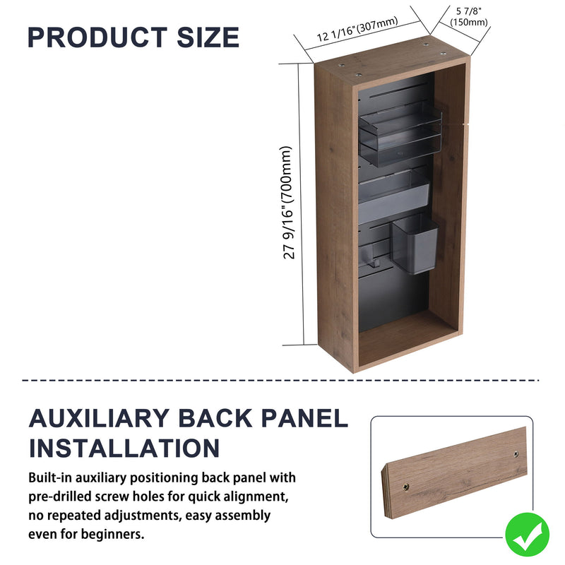 Imitation oak wall cabinet with open compartments and gray metal storage bins