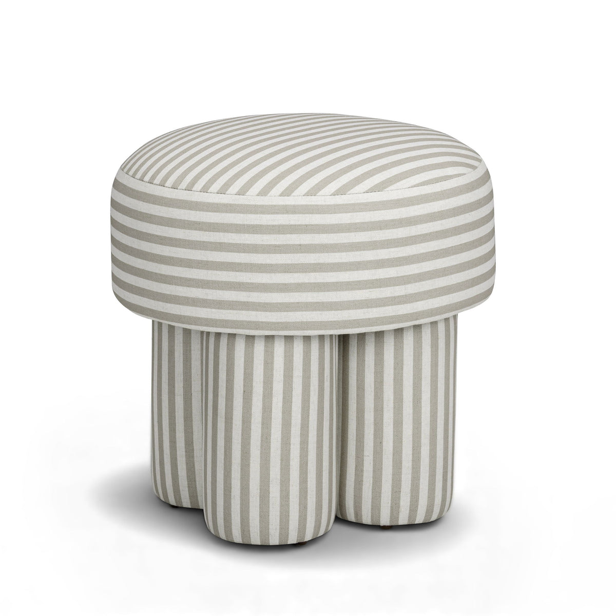 Gray and cream striped accent stool with cushioned round seat and padded base.