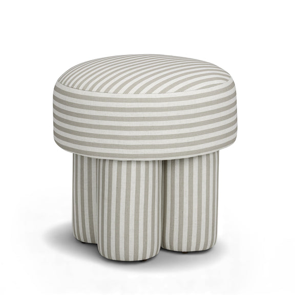 Gray and cream striped accent stool with cushioned round seat and padded base.