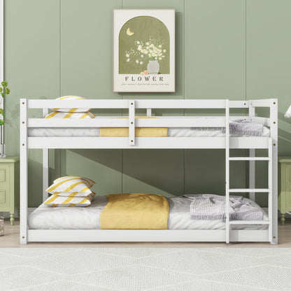 Solid Wooden, Solid Rubber Wooden Twin over Twin Floor Bunk Bed with Ladder, Upper and Bottom Bed Platforms crafted with Strengthened Slats, White