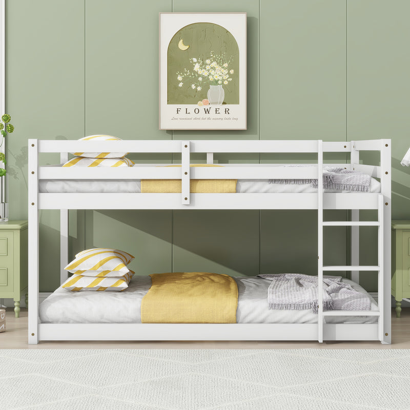 Solid Wooden, Solid Rubber Wooden Twin over Twin Floor Bunk Bed with Ladder, Upper and Bottom Bed Platforms crafted with Strengthened Slats, White
