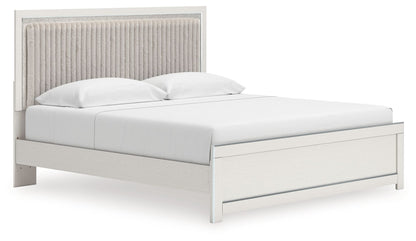 Upholstered platform bed with roll slats, light gray frame and beige upholstered headboard