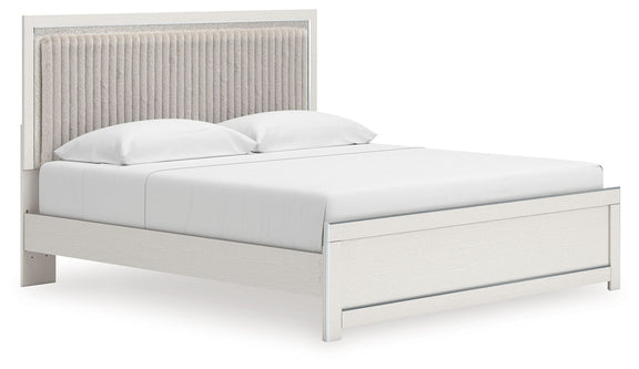 Upholstered platform bed with roll slats, light gray frame and beige upholstered headboard