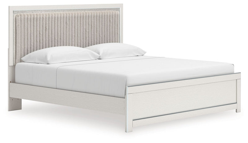 Upholstered platform bed with roll slats, light gray frame and beige upholstered headboard