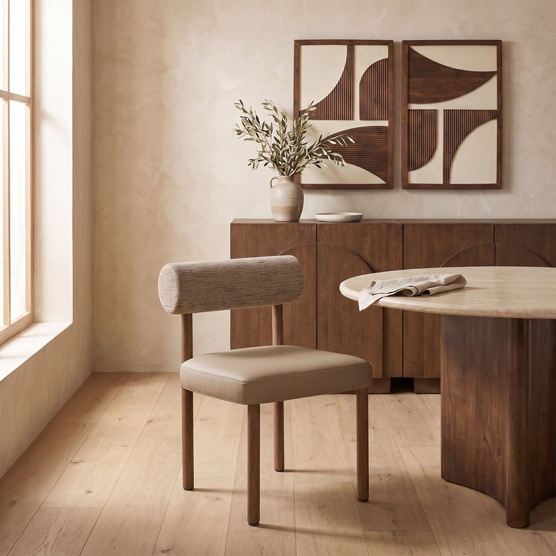 Light brown upholstered dining chair with chenille back and vegan leather seat, wood legs.