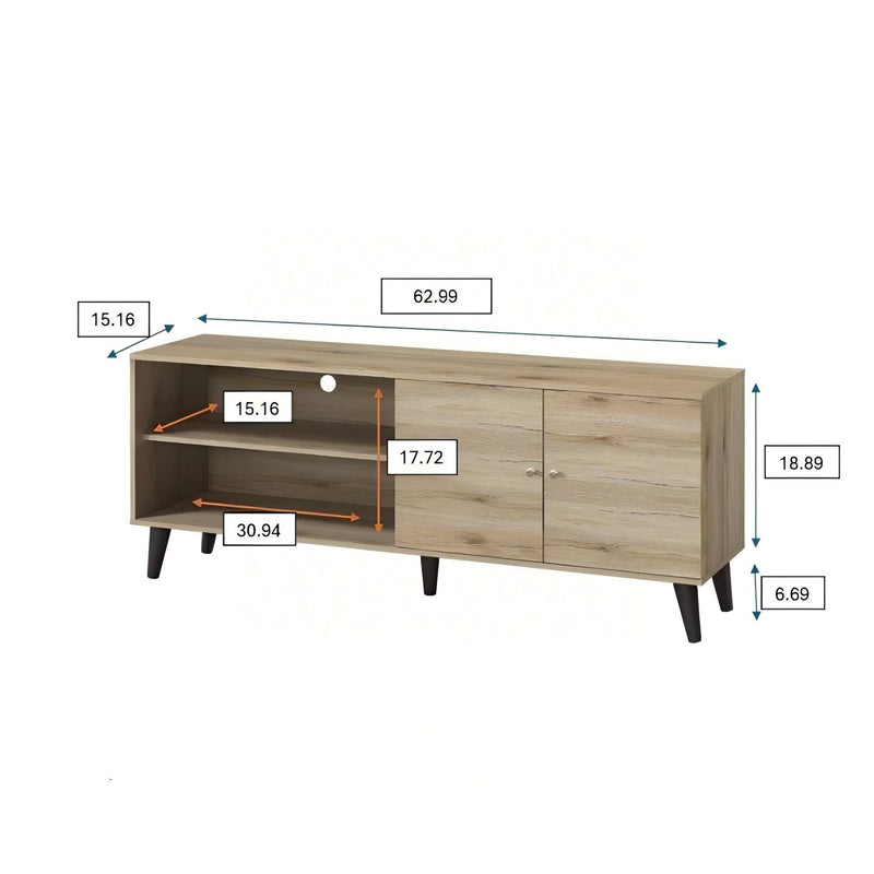Light wood TV stand with two open shelves and two-door cabinet, shown with measurements.