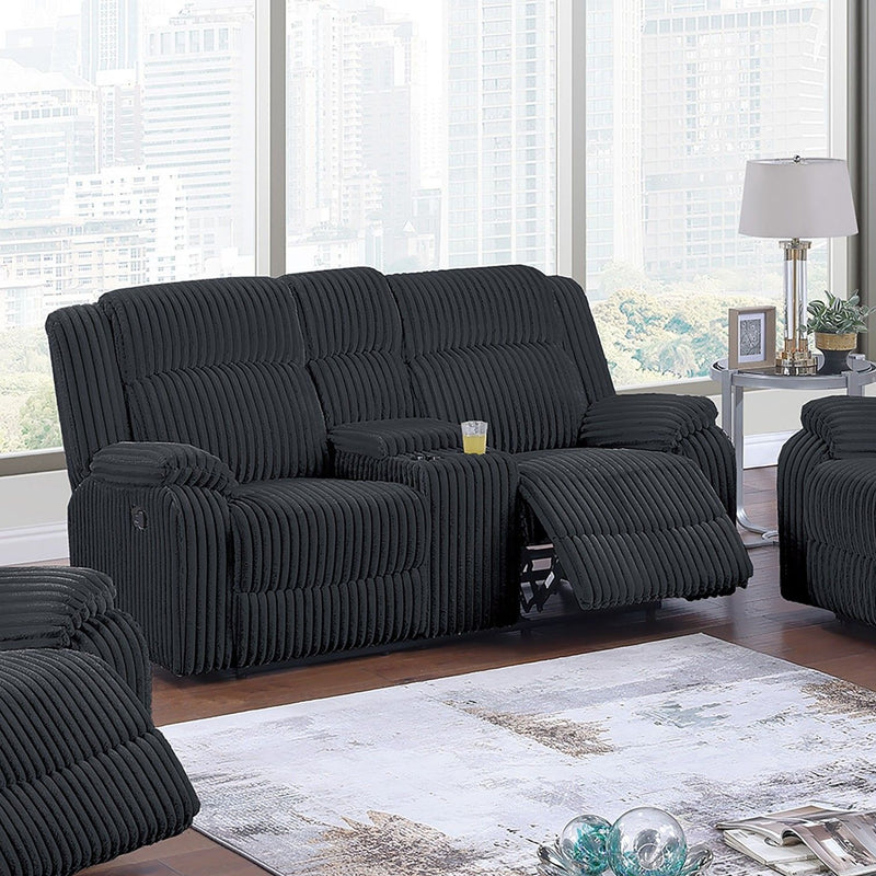 Black corded loveseat recliner with recline footrest and console cup holder