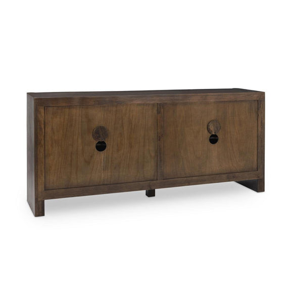 Dark brown wood 4-door buffet cabinet front with carved doors and round black knobs