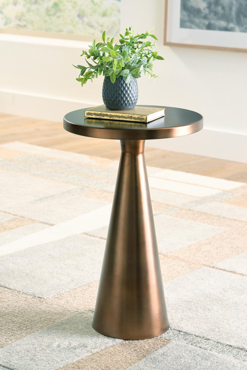 Light bronze accent table with round top and wide flared pedestal base