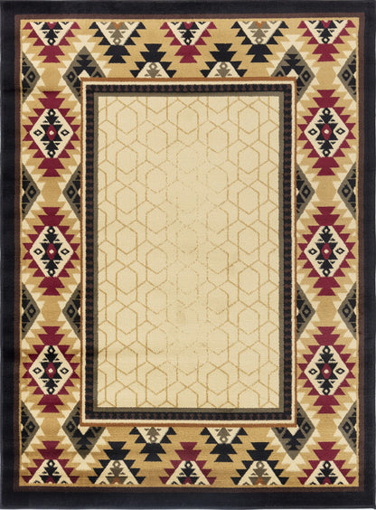 Beige southwest rug with framed center panel and maroon, black, and tan pattern