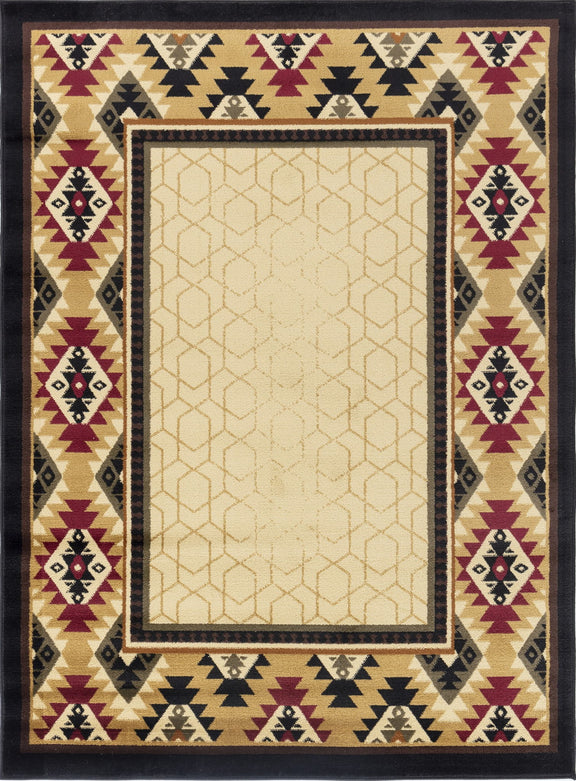Beige southwest rug with framed center panel and maroon, black, and tan pattern