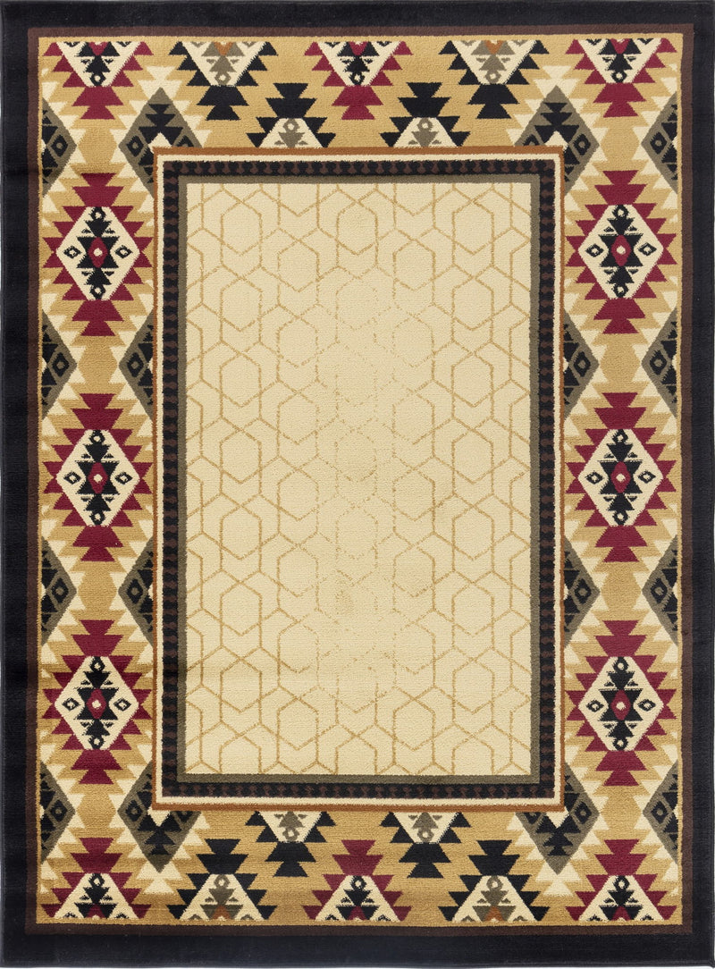 Beige southwest rug with framed center panel and maroon, black, and tan pattern