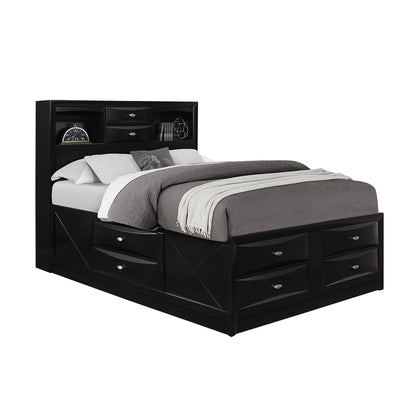 Black queen bed frame with bookcase headboard and multiple storage drawers