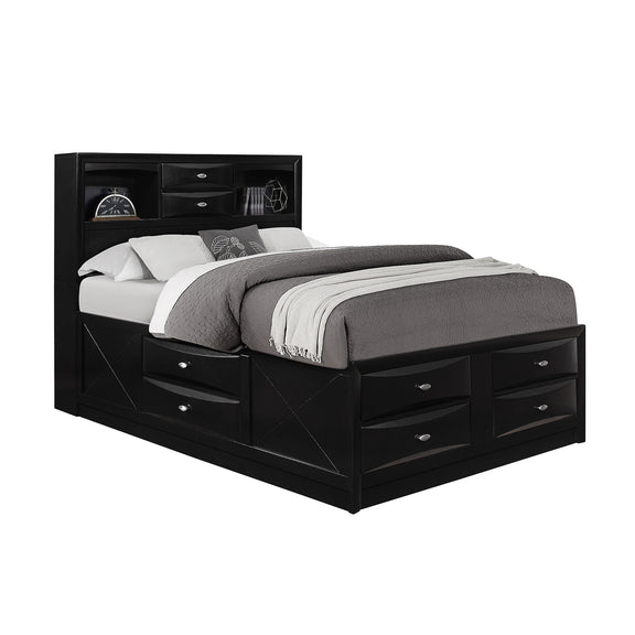 Black queen bed frame with bookcase headboard and multiple storage drawers