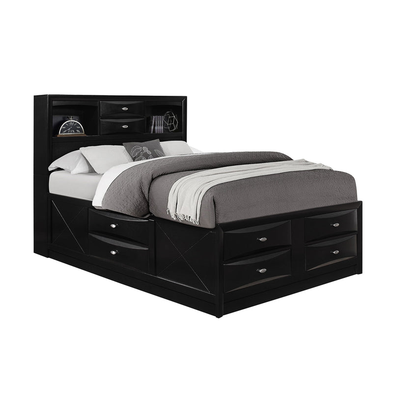 Black queen bed frame with bookcase headboard and multiple storage drawers