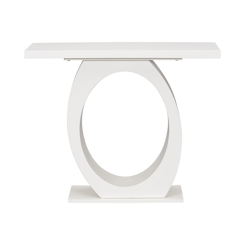 Beige console table with oval base and reinforced bottom plate.