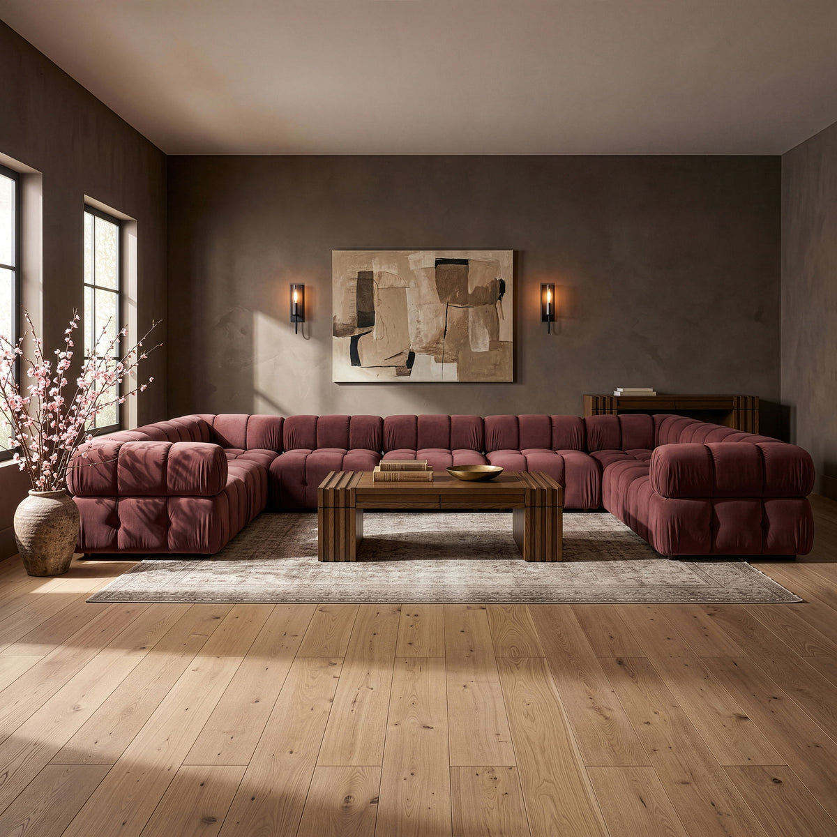 Dark red velvet sectional with tufted cushions and modular chaise corner seating