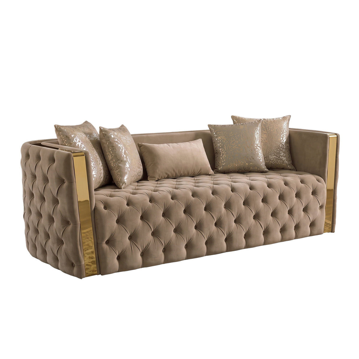 Taupe button-tufted sofa with gold-tone arms and 4 decorative pillows, side view
