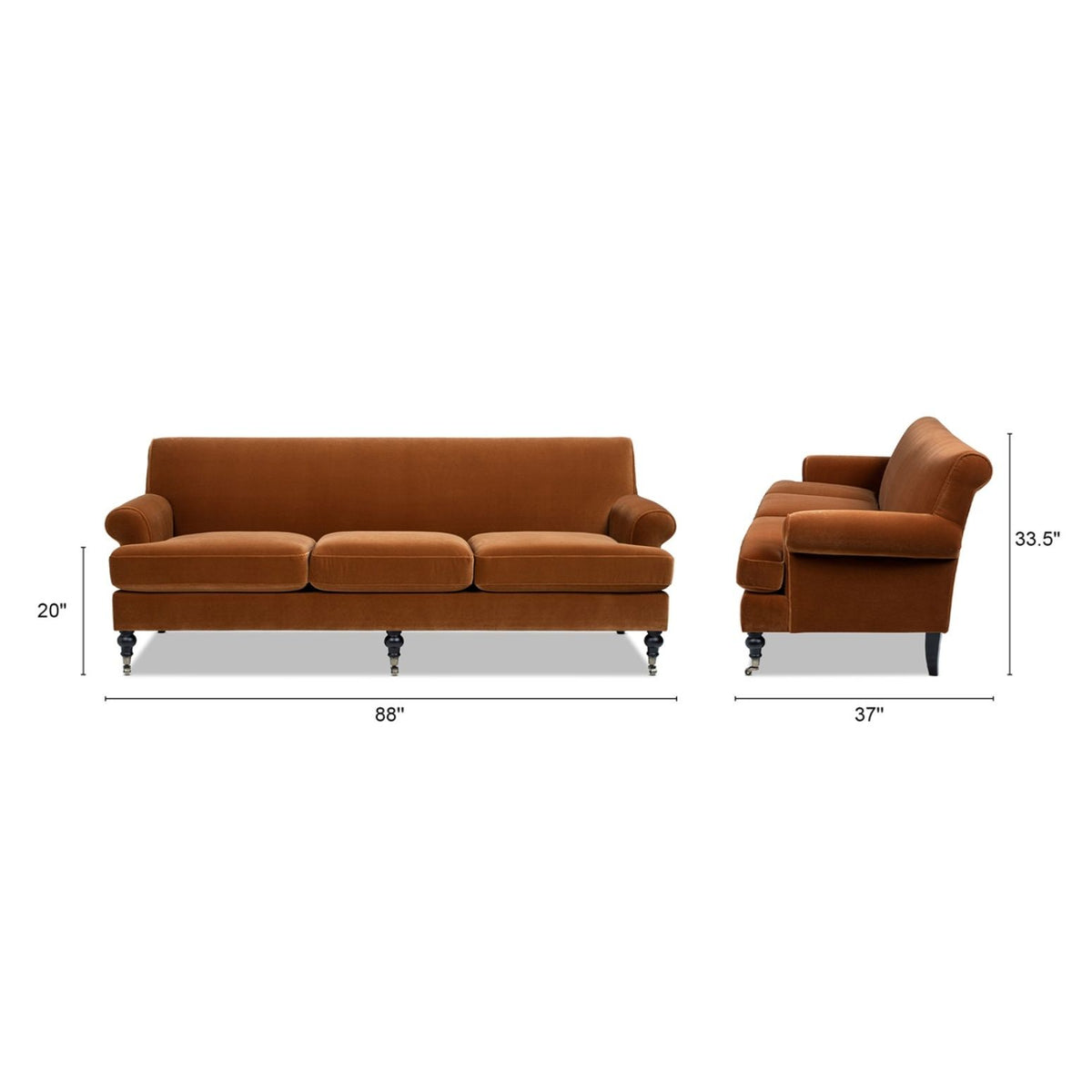 Orange three-cushion sofa with rolled arms and turned legs, shown in side-by-side views.