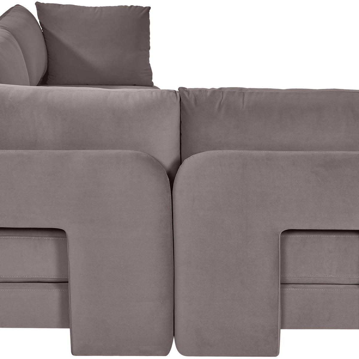 Gray armless velvet sectional sofa with back pillows and boxed seat cushions, 4-piece set.