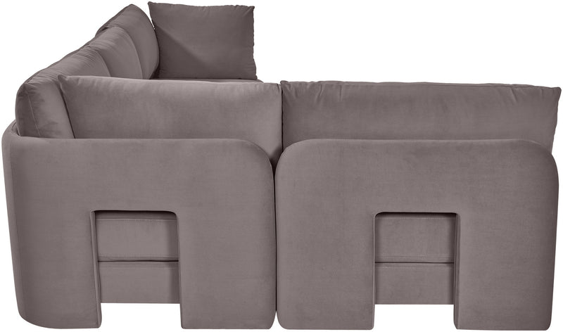 Gray armless velvet sectional sofa with back pillows and boxed seat cushions, 4-piece set.