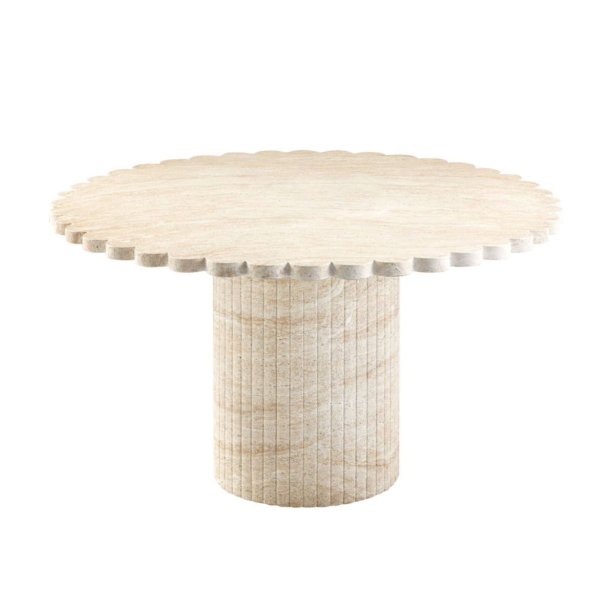 Round washed travertine dining table, visible stone top and cylindrical pedestal base