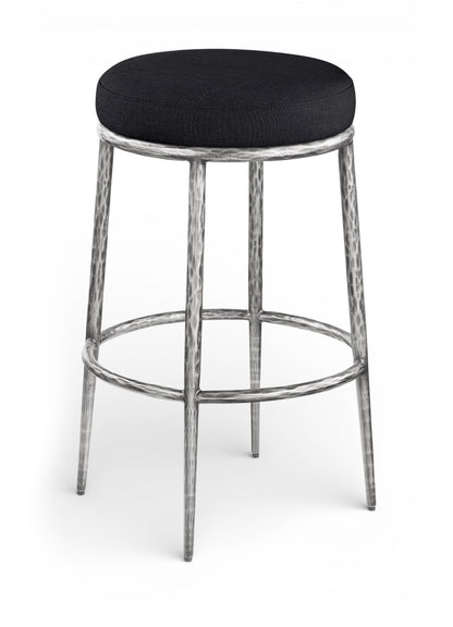 Black upholstered round backless bar stool with antique silver metal legs and footrest