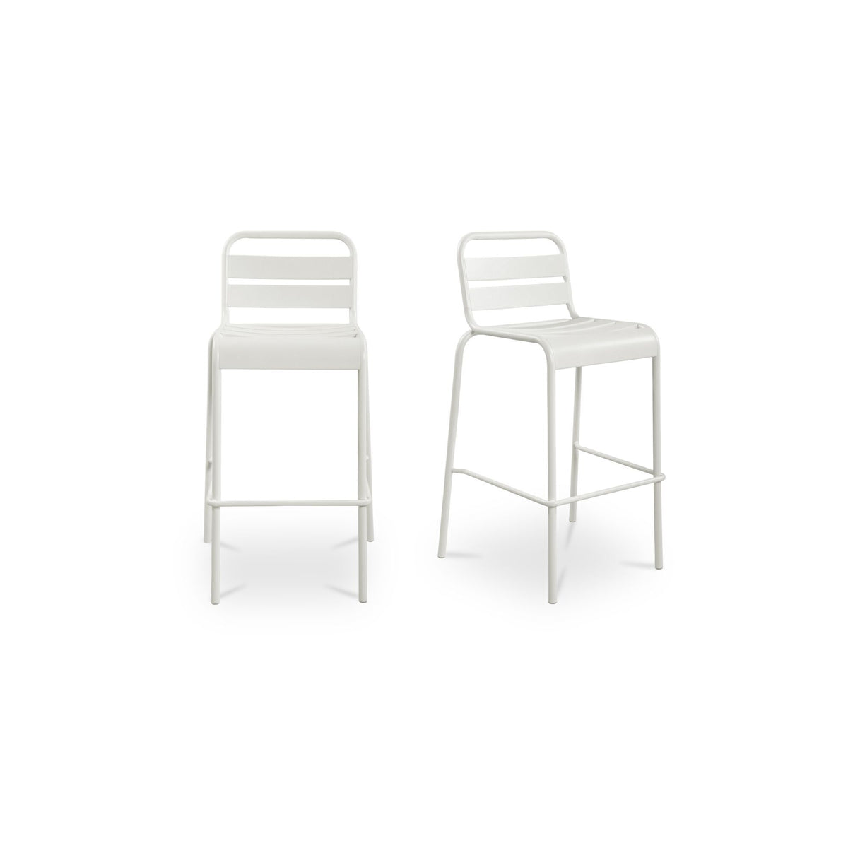 Set of 2 white outdoor bar stools, slatted back and seat, armless metal legs.
