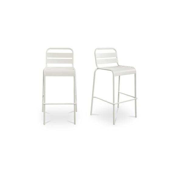 Set of 2 white outdoor bar stools, slatted back and seat, armless metal legs.