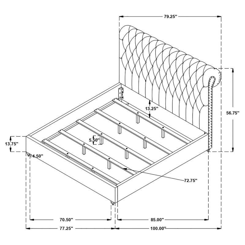 Bed frame diagram showing slats, headboard shape, and size dimensions
