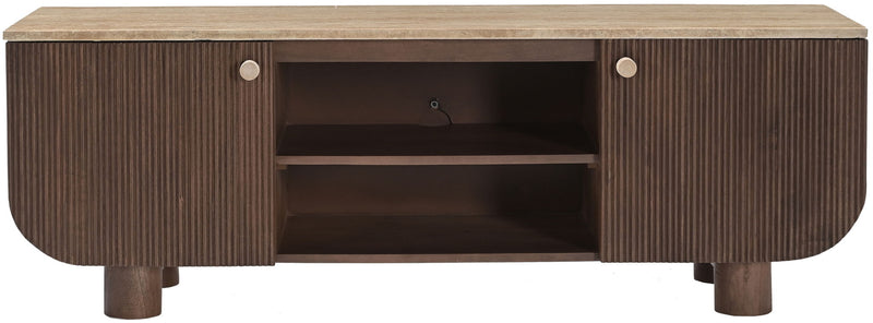 Light beige rounded mango wood media console with open center shelf and two cabinet doors