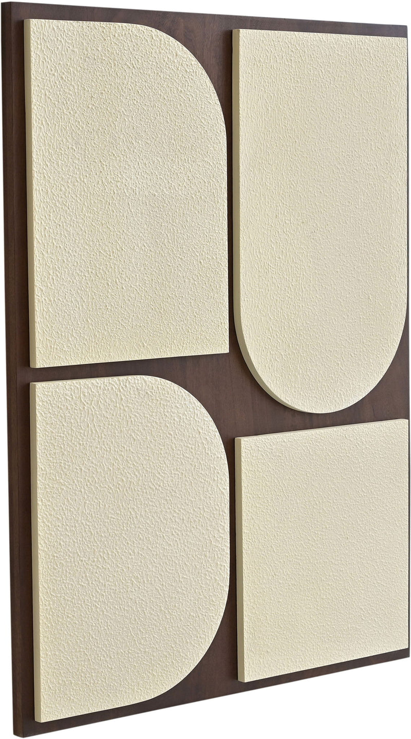 Mango wood 2-piece wall art with dark brown frame and off-white abstract curved blocks