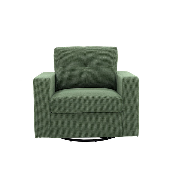 Dark green upholstered single sofa chair with high back and rounded armrests