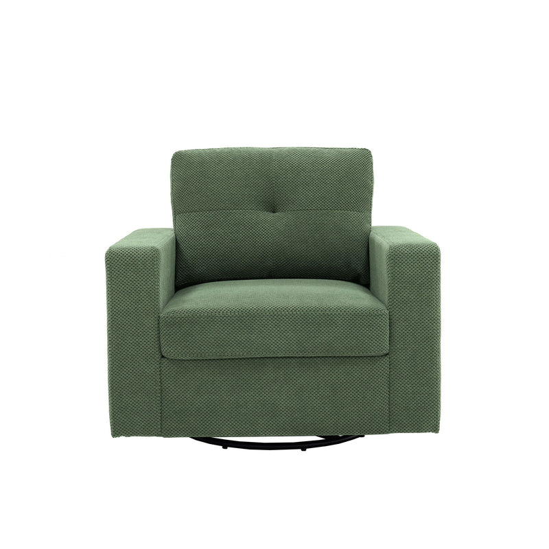 Dark green upholstered single sofa chair with high back and rounded armrests
