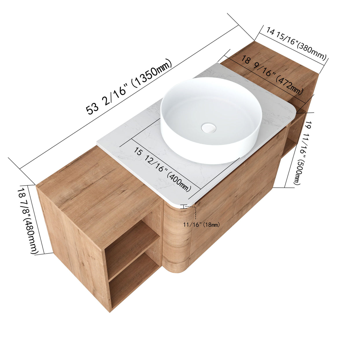 Bathroom vanity with white vessel sink and two side open compartments; top and dimensions shown