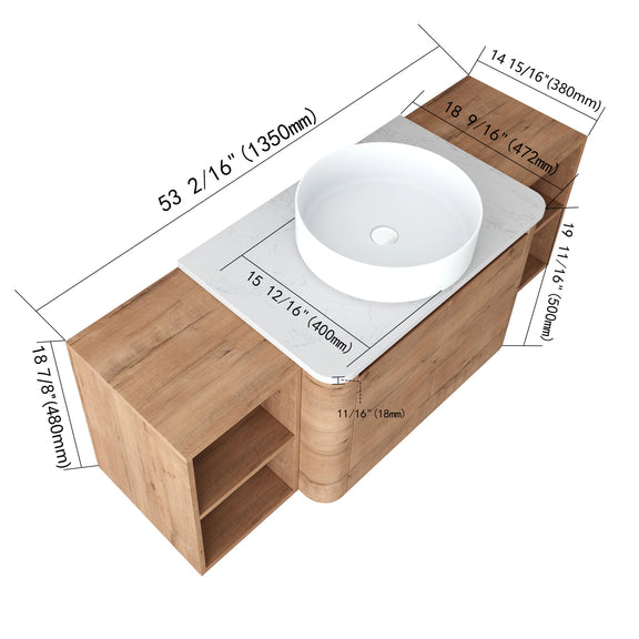 Bathroom vanity with white vessel sink and two side open compartments; top and dimensions shown