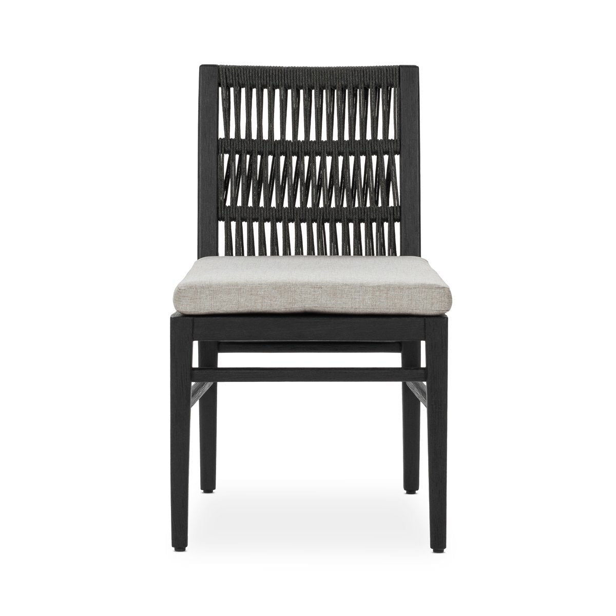 Black outdoor dining chair with slatted back and beige seat cushion