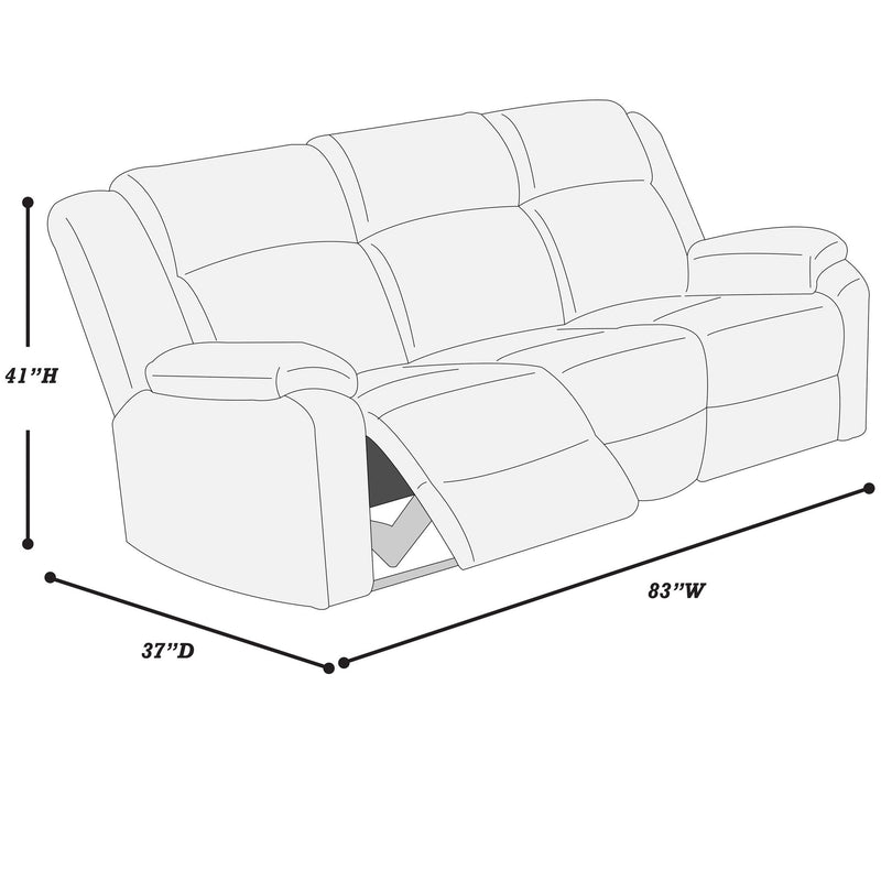 Gray recliner sofa outline with padded pillow arms and dimension diagram.