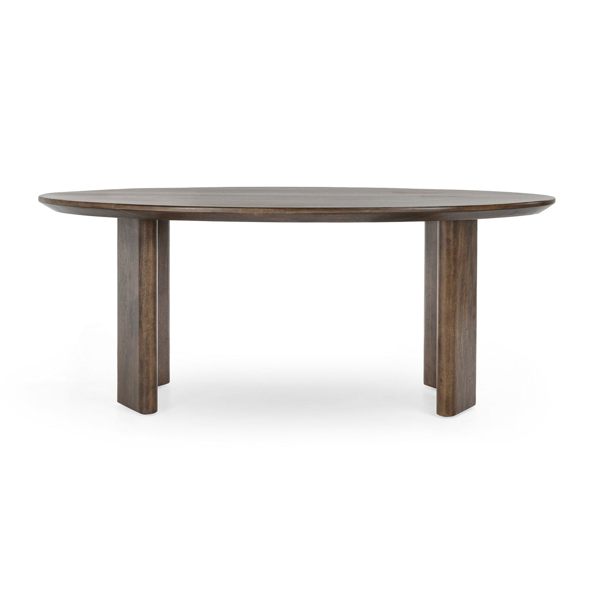 Round dining table with dark brown wood tabletop and two visible end tapered legs