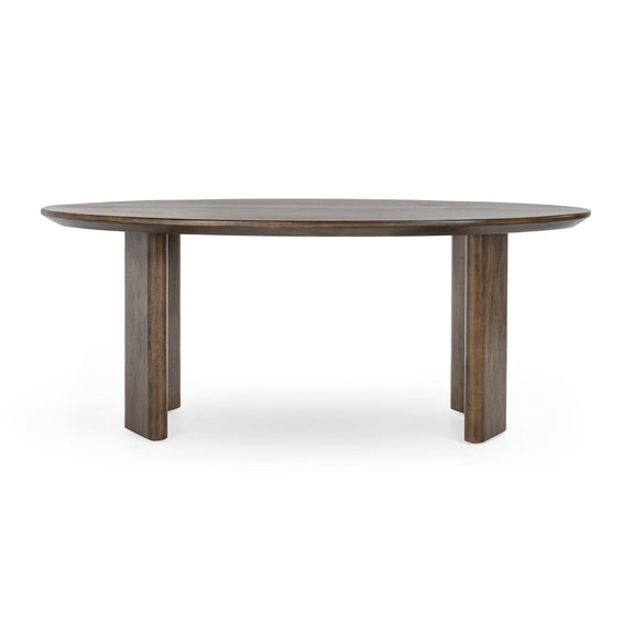 Round dining table with dark brown wood tabletop and two visible end tapered legs