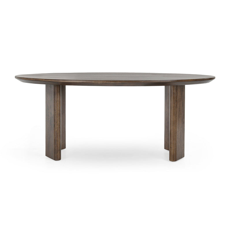 Round dining table with dark brown wood tabletop and two visible end tapered legs