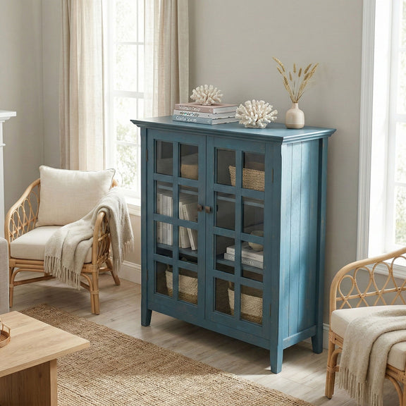 Blue medium storage cabinet with glass-pane doors and open shelving