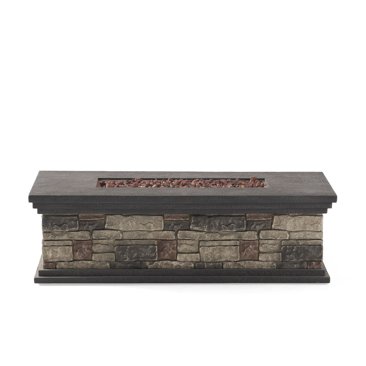 Rectangle fire pit with stone veneer, dark gray top, open burner with fire rocks