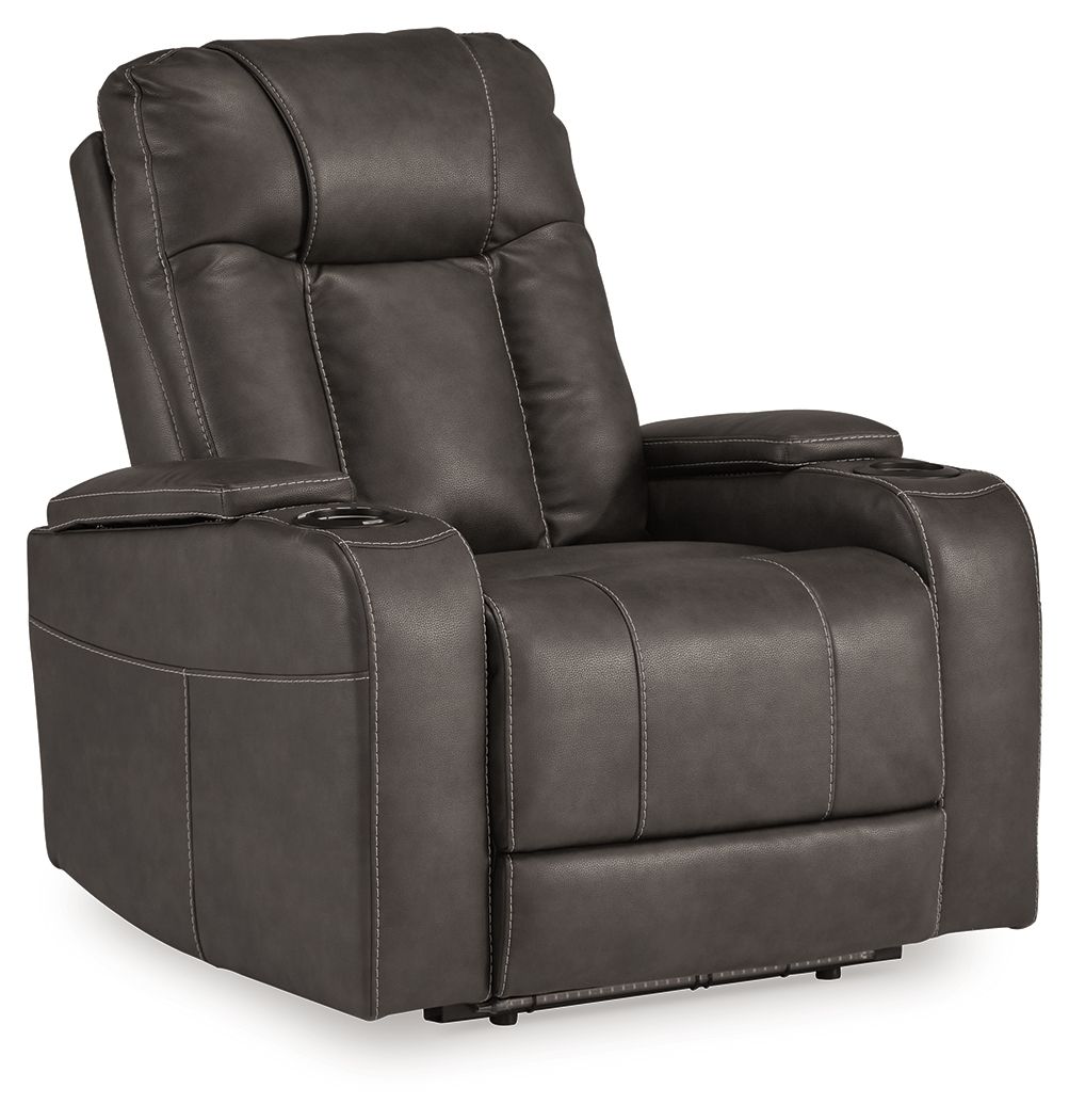 Dark gray power recliner chair with padded adjustable headrest and armrests