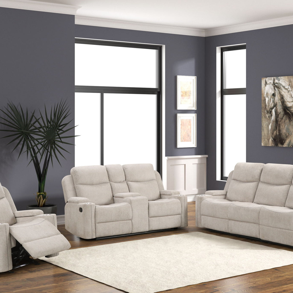 Galya - 3 Piece Living Room Set Sofa Loveseat Chair - Light Gray
