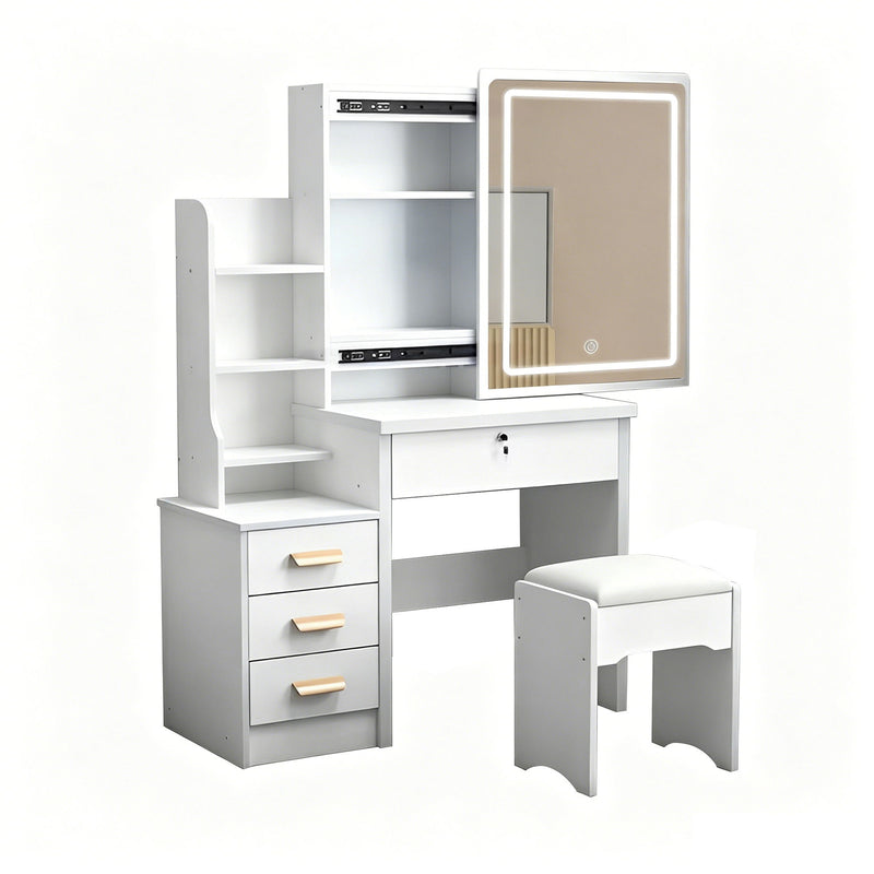 Vanity Desk With Mirror And Lights For Makeup And Chair Set With 3 Adjustable LED Lighting, 4 Drawers - White