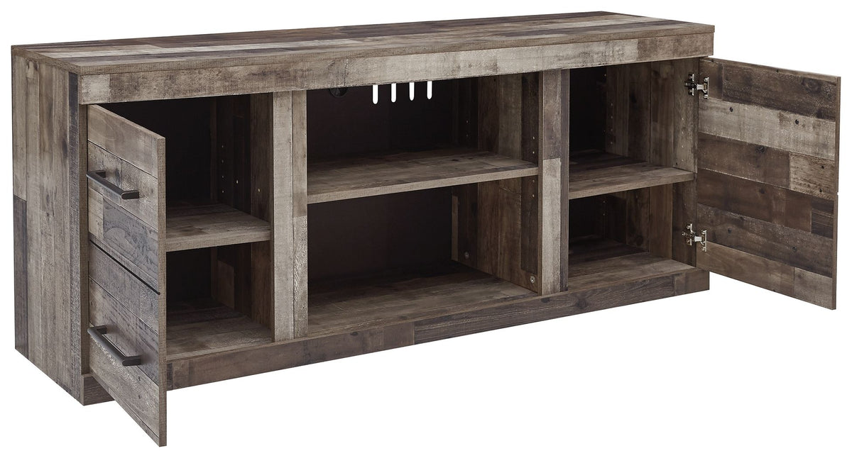 Gray TV stand with open shelves and side drawers, angled view of cabinet